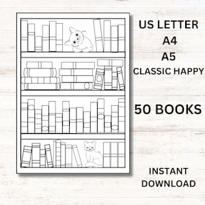 May include: A black and white printable coloring page featuring a bookshelf with 50 books and two cats. The text "US Letter, A4, A5, Classic Happy, 50 Books, Instant Download" is visible on the right side of the image.