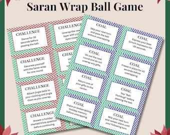 Könnte beinhalten: Ein druckbares Spiel für eine Weihnachtsfeier. Das Spiel heißt "Saran Wrap Ball Game". Die Karten sind rot und grün mit weißem Text. Die Karten enthalten Anweisungen für Herausforderungen und Ziele für das Spiel.
