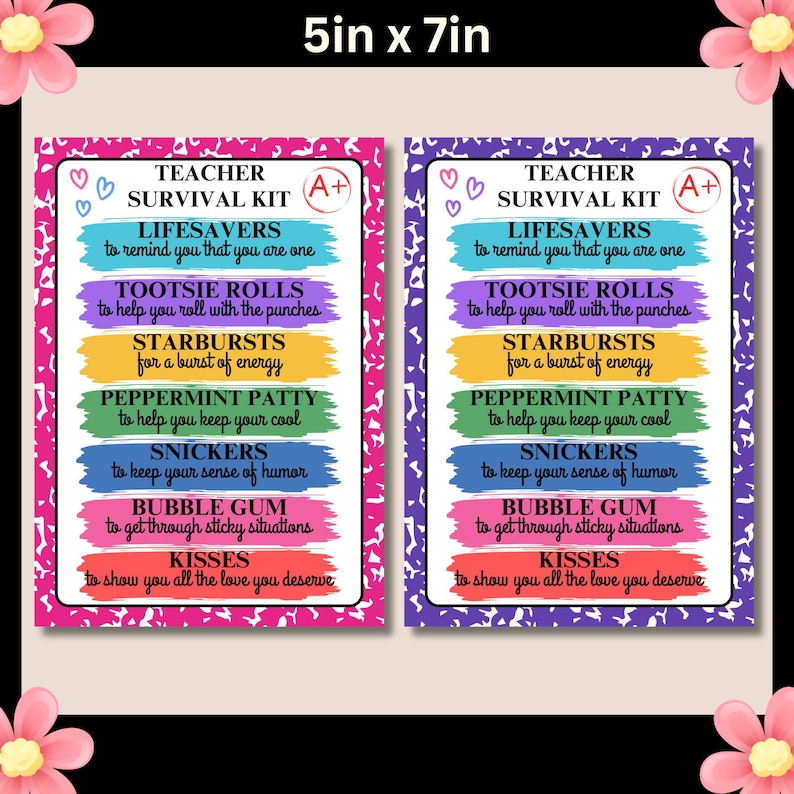 K&ouml;nnte beinhalten: Zwei druckbare Karten im Format 12,7 x 17,8 cm mit dem Thema Lehrer-&Uuml;berlebenskit. Die Karten sind rosa und lila mit einem Notizbuchpapier-Hintergrund. Die Karten listen verschiedene S&uuml;&szlig;igkeiten und ihren Zweck f&uuml;r Lehrer auf. Die Karten tragen den Text "Teacher Survival Kit" und "A+" .