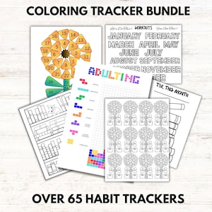 May include: A set of printable coloring pages featuring habit trackers. The pages include a flower with numbers 1-30, a grid with the word "Adulting" in colorful blocks, a calendar with months of the year, and a page with multiple circles with lines radiating from the center.