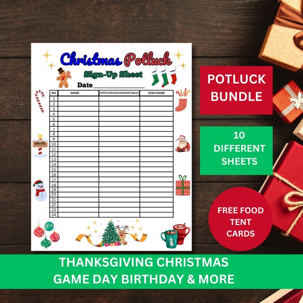 Potluck Sign Up Sheet Bundle, Potluck Food Tent Card, Potluck SignUp, Thanksgiving Potluck, Christmas Potluck, Holiday Potluck, Baby Shower