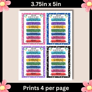 May include: Four printable 3.75 x 5 inch cards with a team survival kit theme. Each card has a different color background and features a list of candy names with a short description of what each candy represents. The text on the cards is in a white font.
