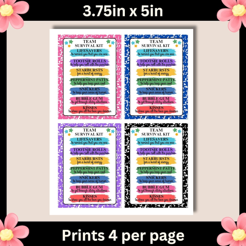 May include: Four printable 3.75 x 5 inch cards with a team survival kit theme. Each card has a different color background and features a list of candy names with a short description of what each candy represents. The text on the cards is in a white font.