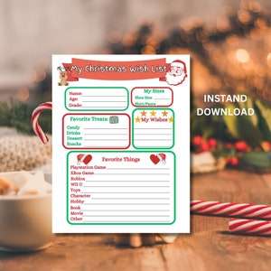 Kinderweihnachtswunschliste, Kinderweihnachtsfragebogen, druckbare Weihnachtswunschliste, Weihnachtswunschliste für Kinder, Weihnachtsliste, Weihnachtsmann