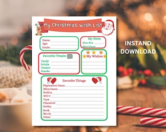 Può includere: Un elenco di desideri natalizi stampabile con uno striscione rosso che recita "My Christmas wish List". L'elenco include sezioni per nome, età, dolcetti preferiti e cose preferite. Babbo Natale e una renna sono presenti.
