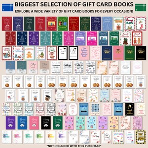 K&ouml;nnte beinhalten: Eine Sammlung von druckbaren Geschenkkarten-Halterb&uuml;chern mit verschiedenen Designs und Themen, darunter Weihnachten, Abschluss, College, Frohe Feiertage und Geburtstag. Der Text "Biggest Selection of Gift Card Books" und "Explore a Wide Variety of Gift Card Books for Every Occasion!" befindet sich oben im Bild. Der Text "*NOT INCLUDED WITH THIS PURCHASE*" befindet sich unten im Bild.