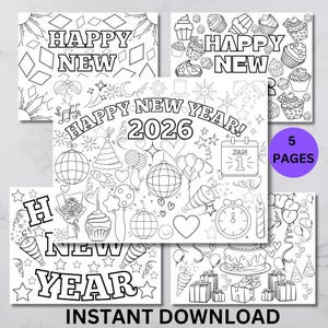 2026 New Years Coloring Pages Printable, Kids and Adults Coloring Activity