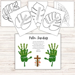 Puede incluir: Actividad de manualidades para el Domingo de Ramos con una hoja imprimible que presenta una cruz, flores y contornos de huellas de manos. La hoja incluye el versículo bíblico "Tomaron ramas de palmeras y salieron a su encuentro, gritando: "¡Hosanna! ¡Bendito el que viene en nombre del Señor! ¡Bendito el rey de Israel!" Juan 12:13"
