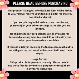 K&ouml;nnte beinhalten: Eine rosa-wei&szlig;e Blumengrafik mit dem Text "PLEASE READ BEFORE PURCHASING". Der Text erkl&auml;rt, dass dieses Produkt ein digitaler Download ist und dass kein physischer Artikel versandt wird. Er enth&auml;lt auch Informationen &uuml;ber den Druck, den Versand und die Nutzungsbedingungen.