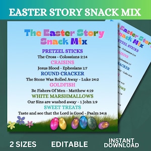 Ostergeschichte Snack Mix Druckbares Tag bearbeitbar, Osterkorbfüller für Kinder, Oster-Leckereien, Ostergeschenkanhänger, Sonntagsschulaktivität