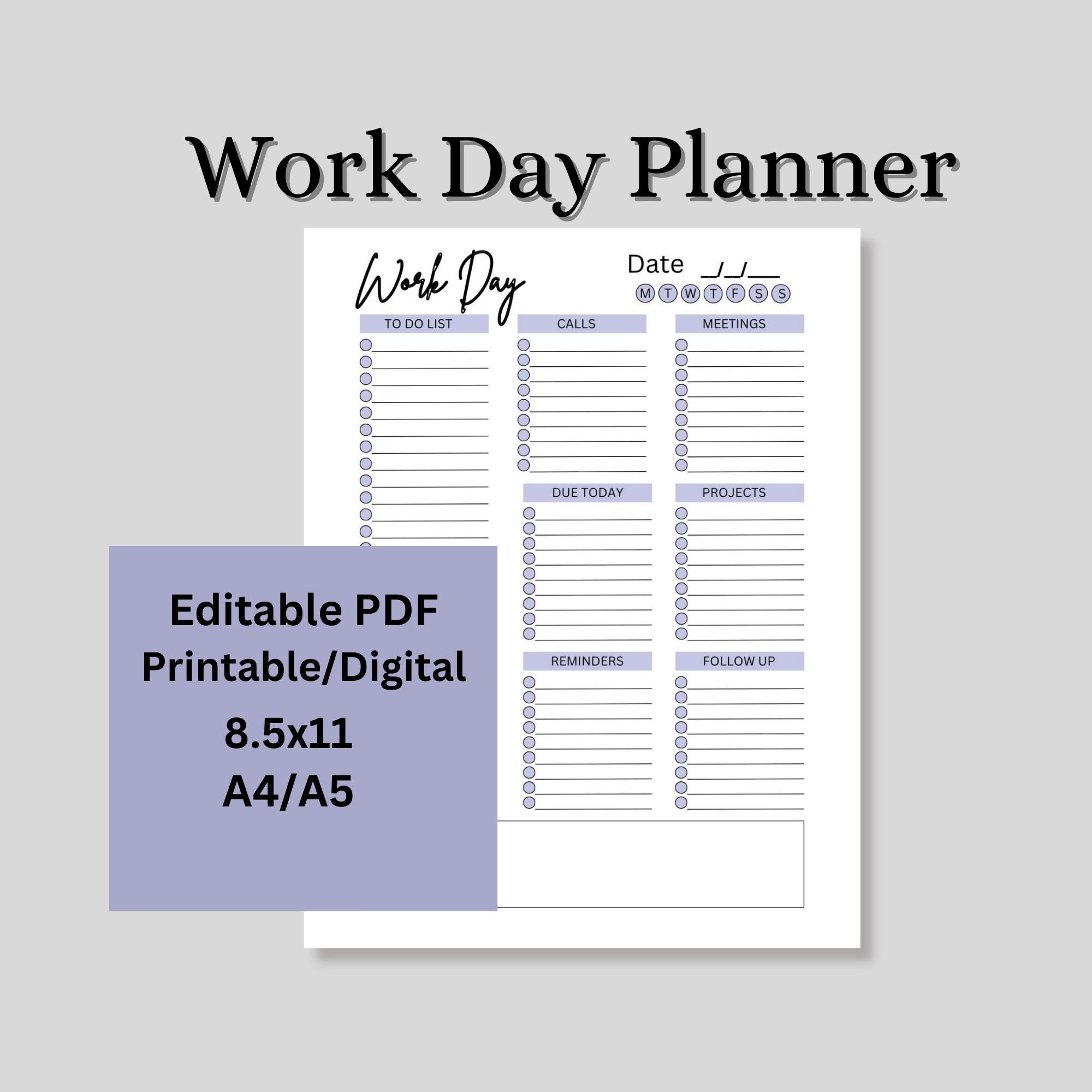 Workday Planner Sheet Editable, Printable Workday Organizer, Office