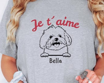 Custom Maltese Dog T-Shirt, Je t'aime French Dog Tee, Personalized Name Gift, Maltese Mom
