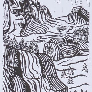Mountain and Waterfall- Lino Print