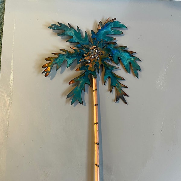 Copper palm tree, Florida art, tropical art, small metal palm tree, bathroom art, outdoor art, handmade, patina copper palm tree, gift