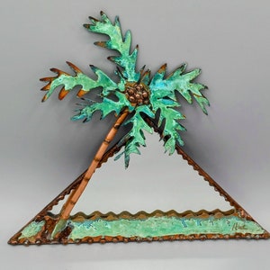 Mirror with copper palm tree, hand made small mirror, unique gift, tropical art mirror, Florida art, palm tree mirror, unusual mirror