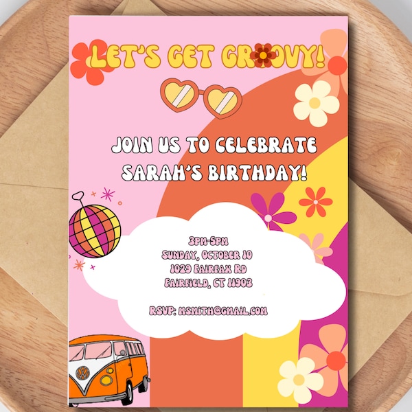 Editable Retro Pool Party Invitation Daisy Boho Invite Summer Birthday Invite Groovy 70s 60s Hippie Invite Pink Orange