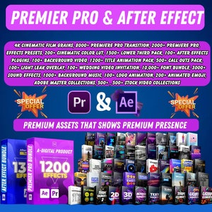 Complete Video Editing Bundle for Adobe Premiere Pro | LUTs, Presets , Transitions, Motion Graphics, Overlays & ,Video Editing Assets