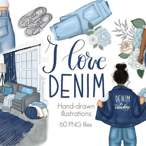 I Love Denim Clipart & Patterns | 60 PNG Elements + 12 Seamless Patterns | 8×8 inch | 300 DPI Digital Download for Sublimation Crafts