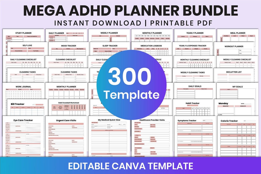 Editable Mega ADHD Planner Bundle for Canva | 300-page ADHD Planner ...