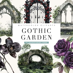 27 Watercolor Gothic Garden Clipart Bundle | Dark Floral PNGs, Victorian Flowers, Mystical Leaves, Gothic Wedding Invites, Dark Scrapbook