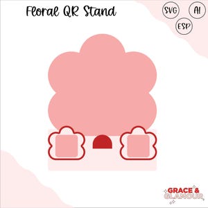 Peut inclure: Un présentoir QR floral rose avec un dessus en forme de nuage et deux éléments carrés en bas. Le présentoir a un accent rouge et le texte "Floral QR Stand" en haut. La conception comprend des icônes de type de fichier SVG, AI et ESP.
