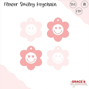 Smiley Floral Keychain SVG | Laser Cut Happy Flower Keychains | Glowforge Digital File | Cute Acrylic Keychain Design | Groovy SVG Bundle