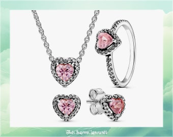 S925 Sterling Silver Heart Pink Crystal Set, Silver Necklace, Silver Earrings, Silver Ring, Jewelry Set, Gift for Her