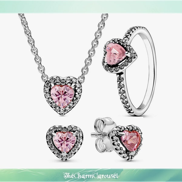 S925 plata esterlina corazón rosa cristal conjunto, collar de plata, pendientes de plata, anillo de plata, conjunto de joyas, regalo para ella
