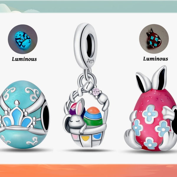 Easter Eggs & Easter Bunny, Luminous Easter Charms, S925 Sterling Silver Charms, Bracelet Easter Beads