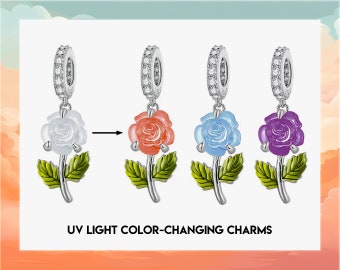 Breloque rose en argent aux couleurs changeantes avec lumière UV, Breloques en argent sterling 925, Rose rose, Fleur bleue, Perles de fleurs