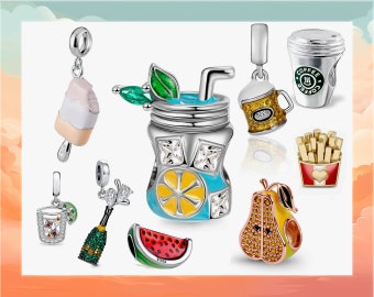 Summer Vibes Charms - 925 Sterling Silver: Beer, Champagne, Ice Cream, Coffee, Watermelon Charms, Bracelet Beads, Spring Charms