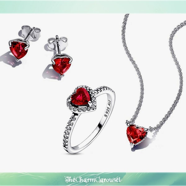 Set cuore rosso scintillante - Parure di gioielli in argento sterling 925, ciondoli, gioielli