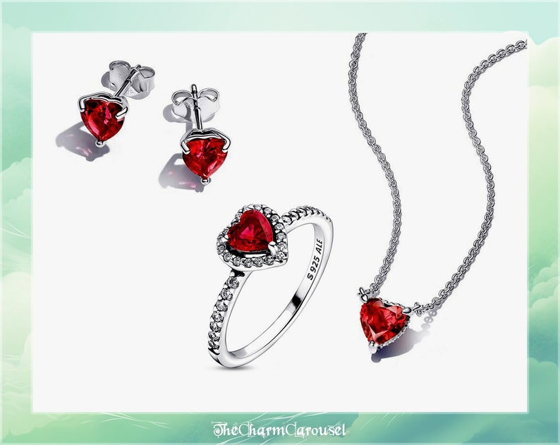 Conjunto de corazón rojo brillante Conjunto de joyería de plata de ley 925, dijes, joyería imagen 1