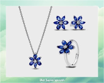 Conjunto de racimos de herbario azul brillante - Conjunto de joyas de plata de ley S925, dijes, joyas, regalo para ella, accesorios para mujeres