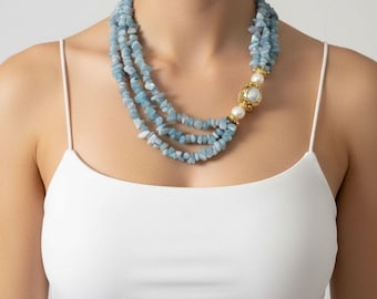 Multi-Strand Aquamarine Chip Necklace, Gold Plated Focal Bead, Majorca Pearl Statement Jewelry, Layered Blue Gemstone Necklace, Gift for Her