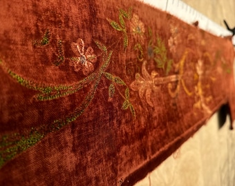 Antique Velvet Fragment with a lot of floral embroidery, some of which has disappeared. It’s a very early Victorian 1800s fragment.