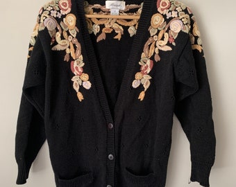 Vintage Margules Black Floral Embroidered Cardigan, Size Medium