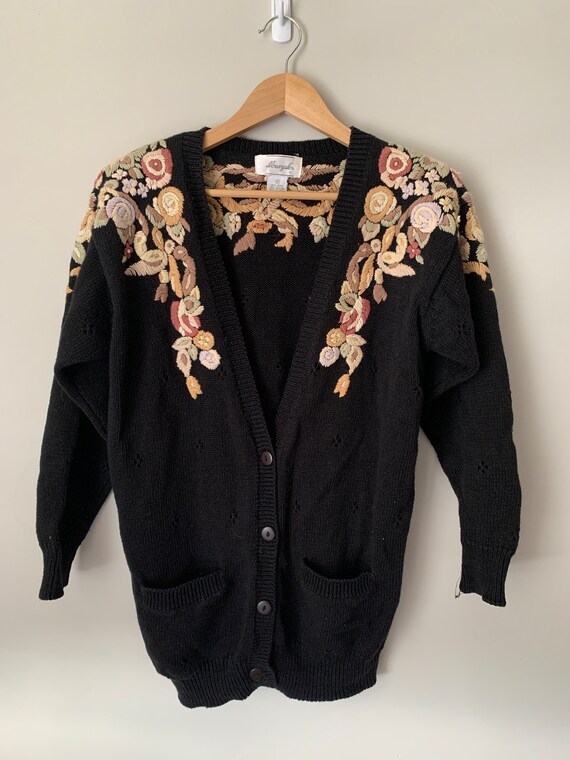 Vintage Margules Black Floral Embroidered Cardigan