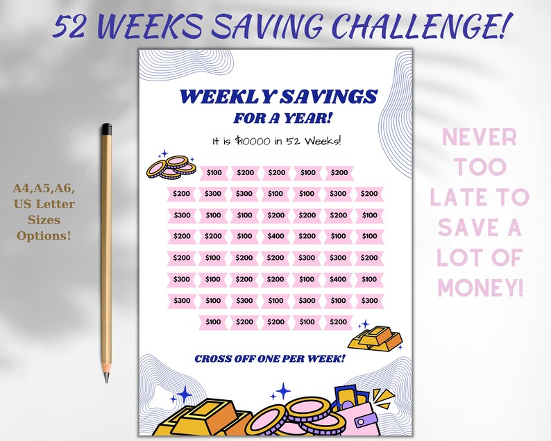 Yearly money saving challenge printable a4 a5 a6 size 10k savings 52