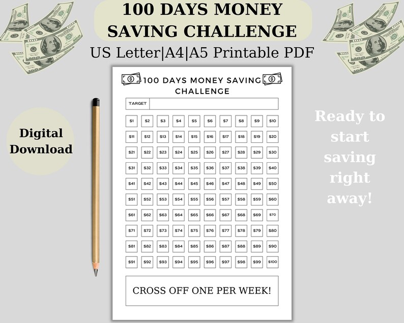 100 Envelope Challenge Printable, 100 Days Money Saving Challenge Printable,a5,a4, Letter, 10k ...