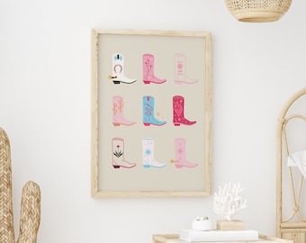Arte de pared elegante occidental para decoración del hogar con temática de Texas, póster de tendencia de vaquera para sala de estar, decoración de botas de vaquera, arte de pared para habitación de niña occidental