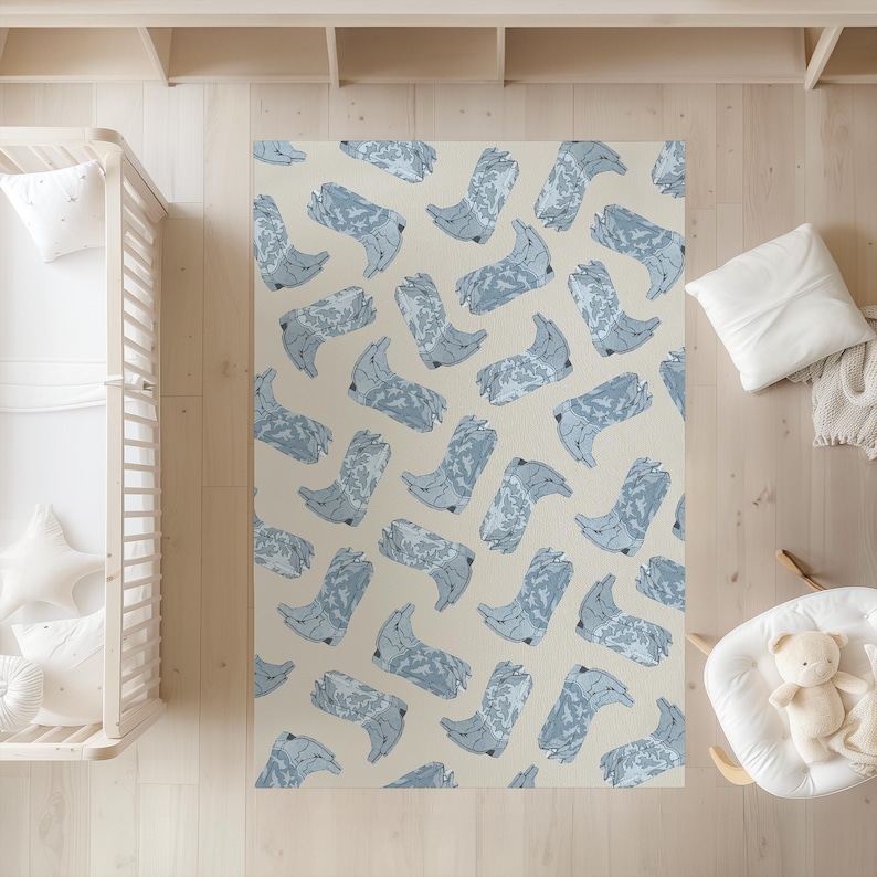 Cowboy Theme Nursery Mat Western Style Decor Blue Boot Design Country Farmhouse Collection Boys Room Essential Multiple Size Options Premium Construction Quality Rustic Look Details Beautiful Infant Space Western Themed Room Decor