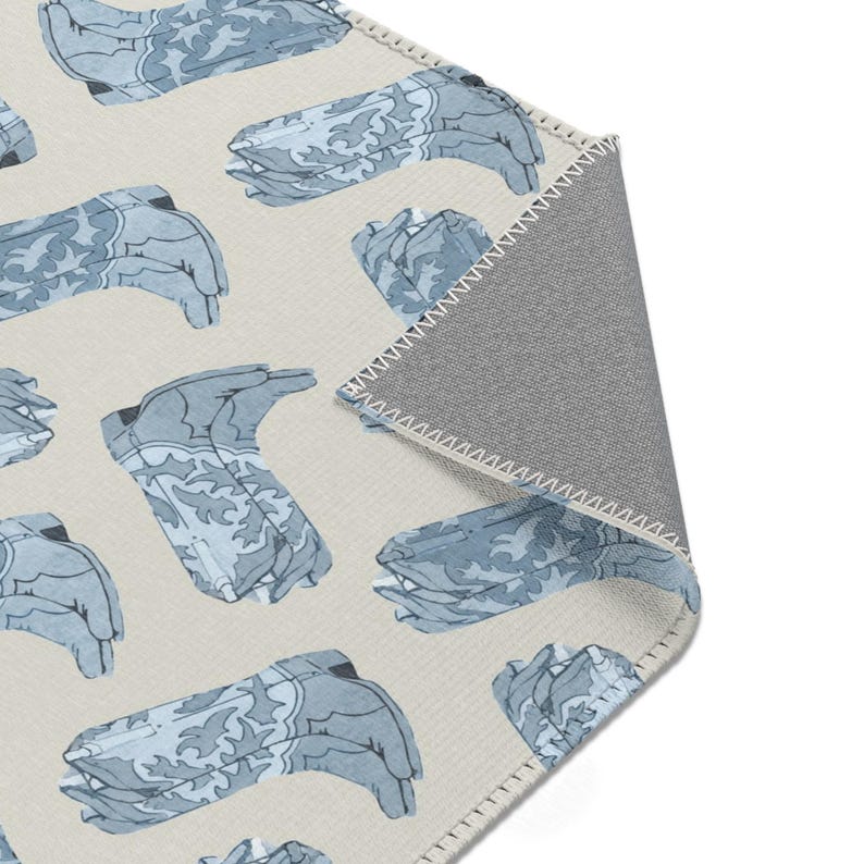 Western Theme Rug Cowboy Nursery Design Blue Boot Pattern Country Style Essential Multiple Size Options Premium Construction Quality Rustic Farmhouse Look Beautiful Infant Space Boys Room Decor Collection Western Themed Mat
