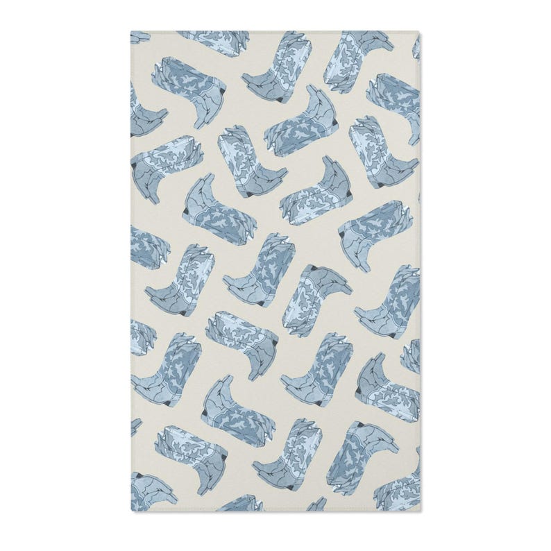 Country Style Nursery Rug Western Cowboy Design Blue Boot Pattern Boys Room Essential Multiple Size Options Premium Construction Quality Rustic Farmhouse Look Beautiful Infant Space Themed Decor Collection Western Room Addition