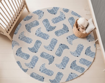 Alfombra con forma de bota de vaquero azul para niño, alfombra redonda azul claro, decoración de guardería, alfombra boho western para guardería de niño, alfombra de vaquero azul redonda para guardería de niño