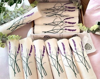 Servilletas de lino bordadas de ramita de lavanda Tagliatelle, servilletas de boda de lino de flores silvestres Conjunto de 6/12 Servilleta de cena bordada de principios de primavera