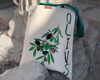Personalized Canvas Bag , Block Print, Olive Branch pocket Bag, Canvas Tote, Hand Painted Bag, Greek Olives, Cloth Bag, Gift for Grilfrend