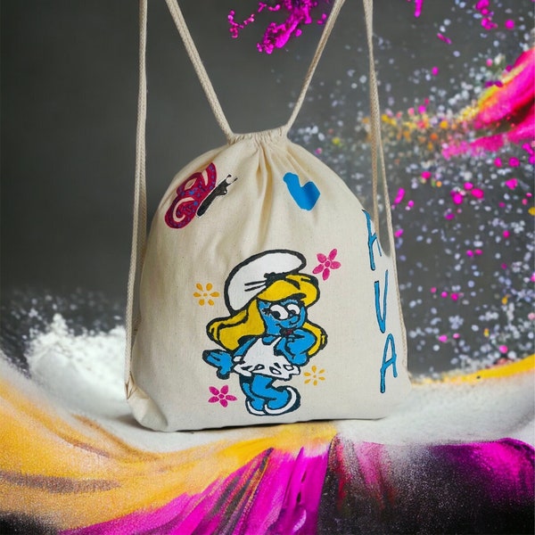 Smurfette Baumwolltasche: Handbemalte Smurfette Umhängetasche für Kinder mit Blockdruck