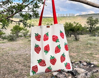Strawberry Tote Bag, Block Printed Organic Cotton Canvas Fabric Shoulder Bag with Strawberry Hand Painted, 14x16 inches