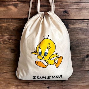 Sac à main tweety personnalisé pour filles, garçons, sac pour petite fille, premier sac à main pour tout-petit, cadeau d'anniversaire pour bébé, cadeau Schtroumpf, cadeau nom unique